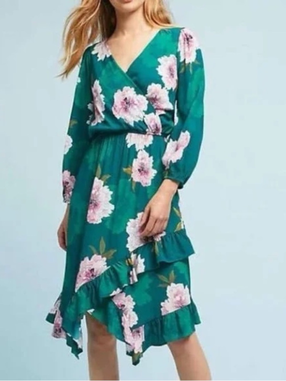 Plenty By Tracy Reese Aleah Green Floral Faux Wrap Asymmetrical Ruffle Hem Dress